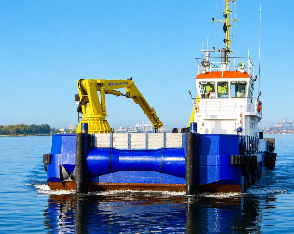 Blue multicat with a HEILA crane on deck, the kind of configuration discussed at Europort Istanbul 2026