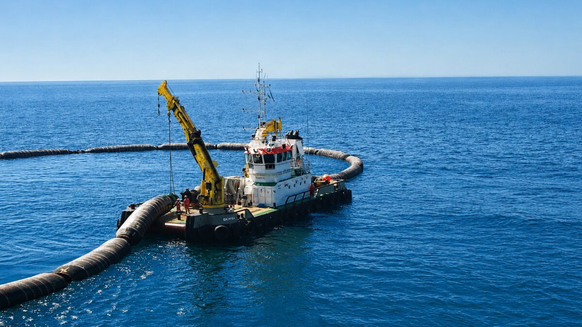 Tug with a yellow HEILA crane laying a floating pipeline at sea