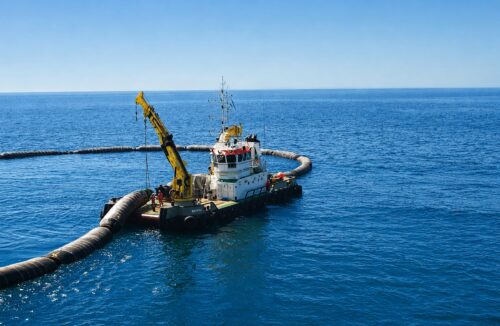 Tug with a yellow HEILA crane laying a floating pipeline at sea