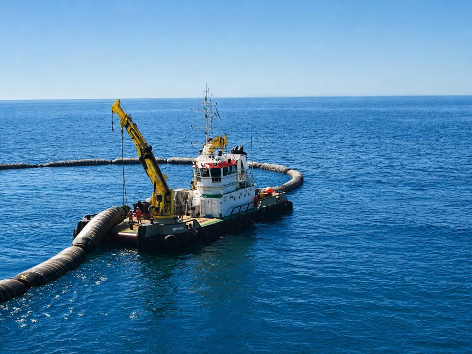 Tug with a yellow HEILA crane laying a floating pipeline at sea