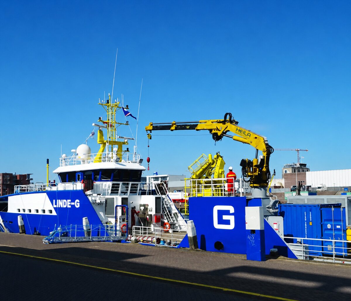 Vessel with yellow HEILA cranes on deck, the kind of installation where overload protection is specified